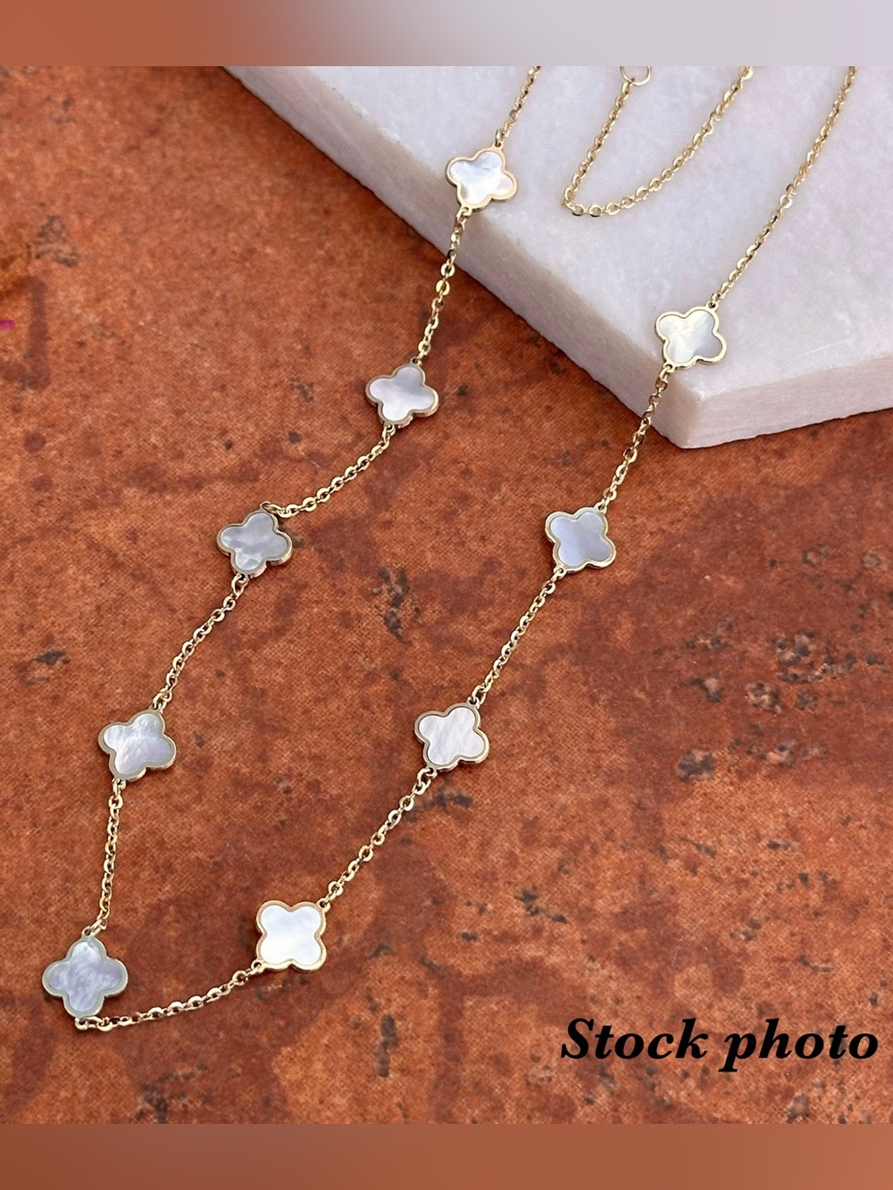 .925 Silver 18k Gold Plate Mother of Pearl Clover Station Necklace